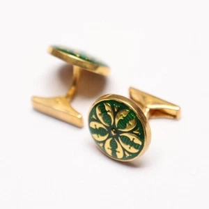 92.5 Sterling Silver Flower Green Enamel Round Shape Gold Plated WeddingCufflink - Picture 1 of 5