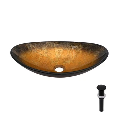 Artistic Tempered Glass Artisanal Gold-Veined Glass Vessel Sink with Black Pop-u — 第 1/4 张图片