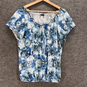 Basic Editions T-Shirt Women 1X Plus Blue Geometric Short Sleeve Round Neck - Picture 1 of 8