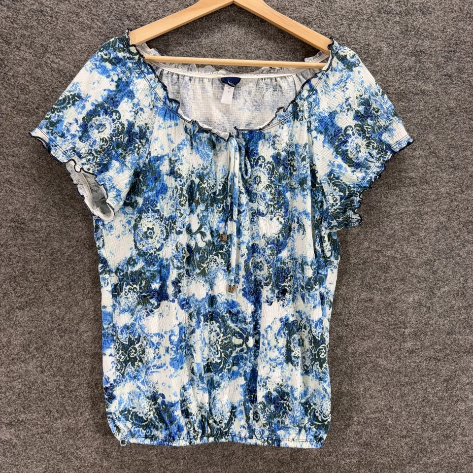 Basic Editions T-Shirt Women 1X Plus Blue Geometric Short Sleeve Round Neck - Image 1 of 4