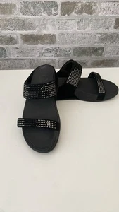FitFlop Flare Slide Sandals Black Suede Crystal Rhinestones Women's Size 8 - Picture 1 of 10