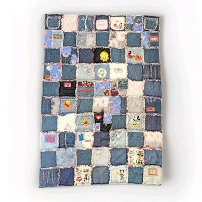 VTG Denim Handmade Rag Quilt Pocket Patch OshKosh Pooh Mickey Toddler Blanket - Image 1 of 4