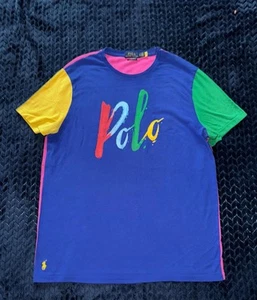 Polo Ralph Lauren Men’s T Shirt Blue Colorblock Logo Graphic Custom Slim Fit XL - Picture 1 of 7