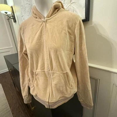 Y2K GAP 弹力丝绒拉链连帽衫 - 米色/棕褐色(L 码) — 第 1/4 张图片