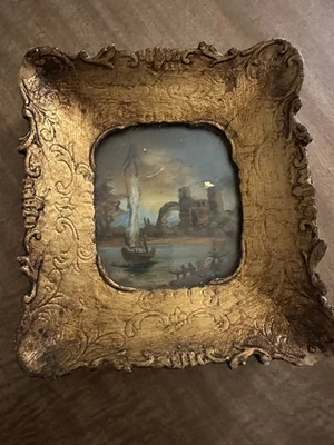 Mini pintura al óleo original de colección Tara Productions marco dorado velero ruinas Foto 1 de 4