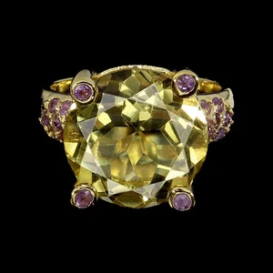 925 Sterling Silver Ring Lemon Quartz 15mm Amethyst Gemstone Jewelry Size 7 - Picture 1 of 13