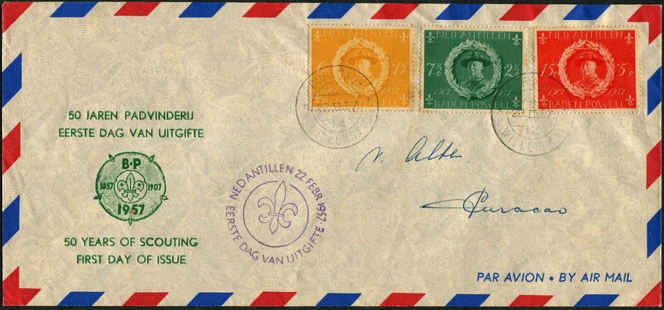 Netherland Antilles #B28-B30 Boy Scout Movement FDC 1957 Curaçao Airmail Cover - Image 1 of 1