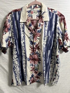 Hilo Hattie Pink Hibiscus Flowers Blue White Tribal Hawaiian Aloha Shirt Size XL - Picture 1 of 6