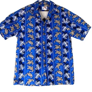 Vintage Hawaiian Shirt Size Medium MD Fashion Button Up Shirt Blue Turtle Print - Picture 1 of 3