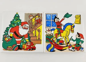 Vtg JSNY 2pc 1982 Christmas Footed Ceramic Tile Trivets 4.25" Santa & Elves - Picture 1 of 6