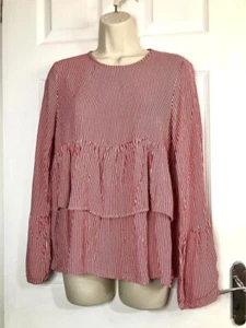 Zara Trafaluc Long Sleeve Red & White Nautical Striped Tiered Style Blouse 12 uk - Picture 1 of 14