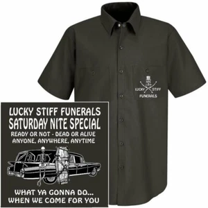 LUCKY STIFF FUNERAL WHAT YA GONNA DO WHEN WE COME FOR YOU SKULL HEARSE WORKSHIRT - Picture 1 of 12