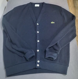 VTG IZOD LACOSTE Acrylic Cardigan Sweater Navy Blue SZ LG Old Money Preppy USA - Picture 1 of 12