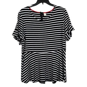 Chico’s Women’s Sz 2(L) Black/White Stripe Flutter Detail Short Sleeve Top NWT - Picture 1 of 7