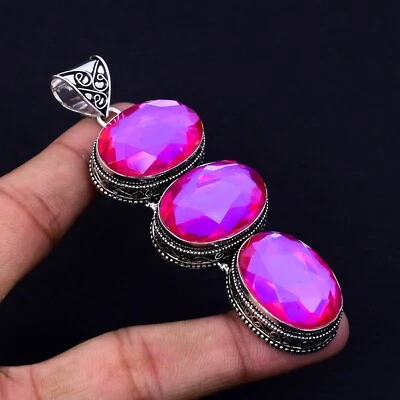 Rosa Topazio Mistico Gemma Fatto a Mano 925 Pendente Argento Sterling Per Amore - Immagine 1 di 4