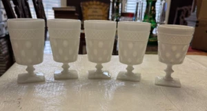 McKee Opal Milk Glass Vintage Goblet Footed Stemware Thumbprint Crosshatch Dots - Picture 1 of 3