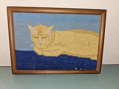 Antique Early 20th Century Needlepoint Of Cat In Mid Century Frame-Good - Image 1 of 4