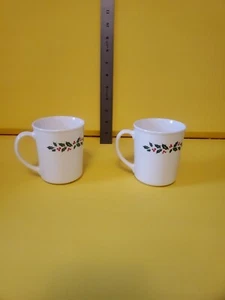 2 Vintage Holly Days Christmas Corning Corelle Milk Glass Coffee Cups Mugs - Picture 1 of 8