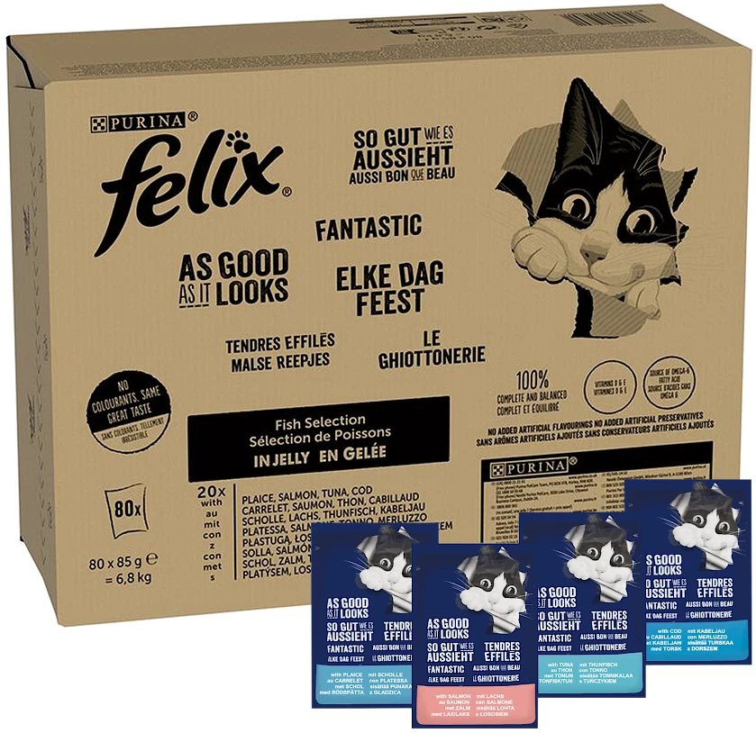 Purina FELIX Katzenfutter 4 Sorten Fisch Nassfutter für Katzen in Gelee 80x85g - Bild 1 von 4