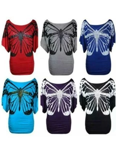 Ladies Glitter Butterfly Print Tops Womens Batwing Short Sleeve T-Shirt Top 8-14 - Picture 1 of 11