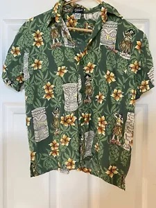 Camisa Hawaiana Vintage Royal Creations Juventud Talla 10 Verde con Tikis, Hula Niñas - Imagen 1 de 3