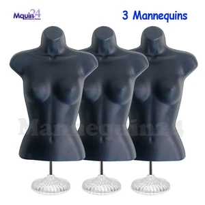 3 PACK MANNEQUIN FEMALE TORSO BODY DRESS FORMS BLACK with 3 STANDS + 3 HANGERS  - Picture 1 of 6