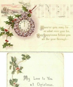 2 VTG Postcards Christmas New Years Greetings Embossed Holly Clock 1916/1924 FFC - Picture 1 of 6
