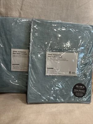 West Elm European Flax linen SHEER Rod Pocket 48x96 Set of 2 Silver mist blue - Image 1 of 2