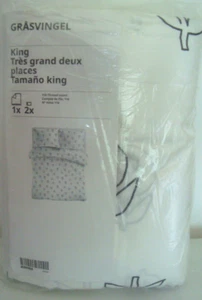 Ikea GRASVINGEL King Duvet Cover with Two Pillowcases White Black Flower - NEW - Picture 1 of 6