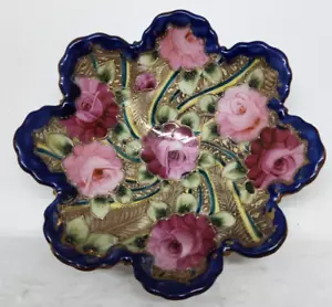 Antique Japanese Porcelain Roses Gold Moriage Cobalt Blue 5.5” Scalloped Bowl - Picture 1 of 7