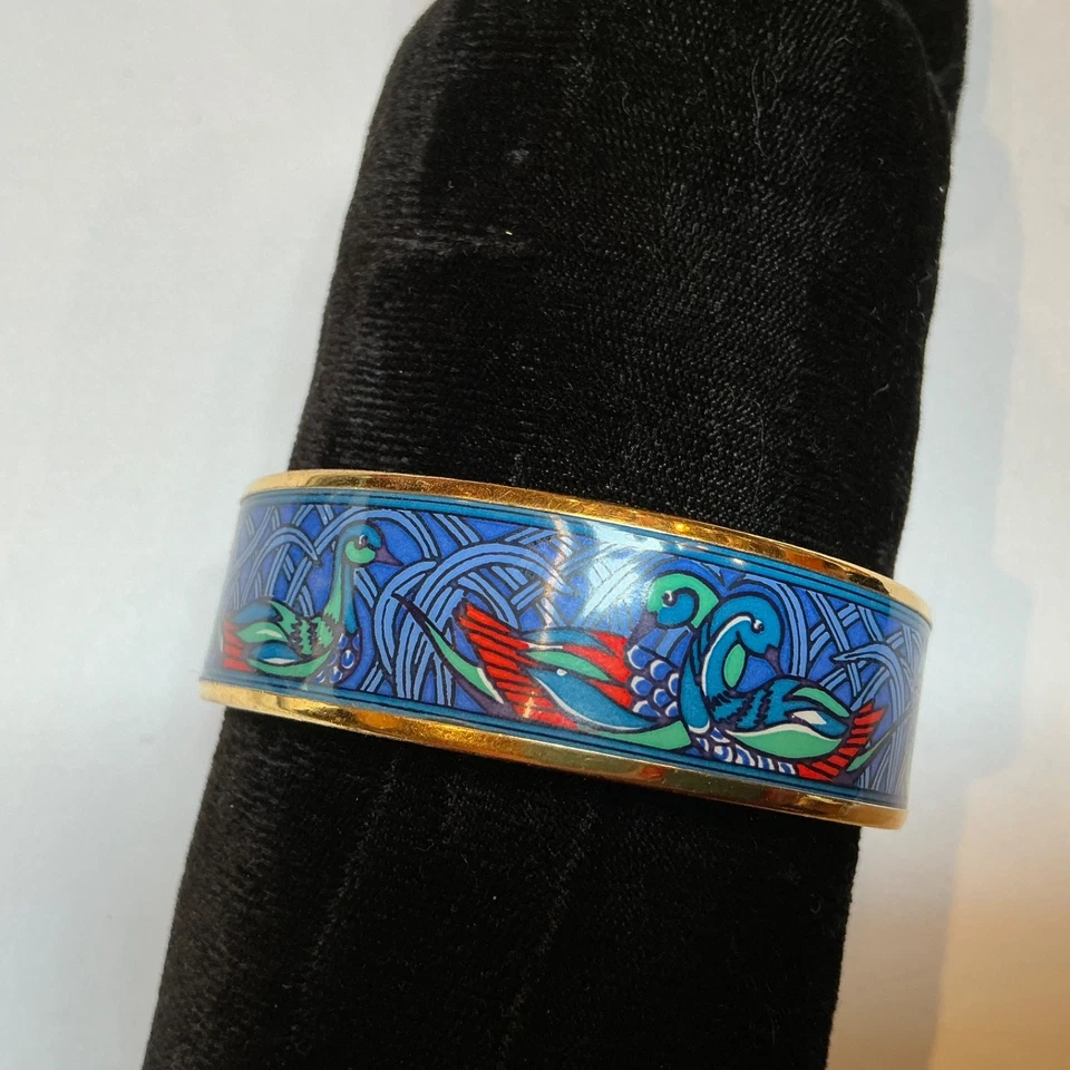 Brazalete Brazalete Ancho HERMES Esmalte PM 65 Borde Dorado PATOS Azul Foto 1 de 4