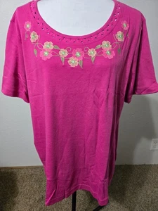 Blair NEW XL 1X womens top blouse PINK short sleeve stretch embroidered - Picture 1 of 3