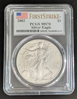 MS70 First Strike 2002 American Silver Eagle ~ Flag Label 1 oz .999 Silver ASE - Image 1 of 4