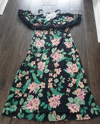 Vestido maxi boho camponês floral ombro frio crochê jersey franzido tamanho 18 - Imagem 1 de 4