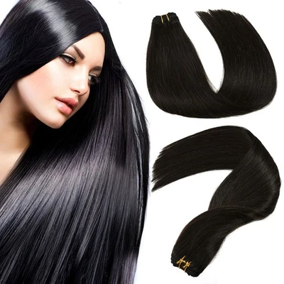 Weft Human Hair Extensions Sew in Remy Brazilian Hair Weaves Natural Black 20in - Image 1 of 4