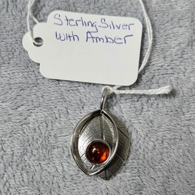 Sterling Silver Cherry Baltic Amber Leaf Pendant Necklace Nature Inspired - Image 1 of 3