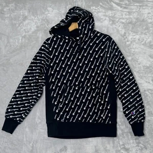 Champions Reverse Weave Hoodie Mens Medium Black White Spellout Logo Sweatshirt - Picture 1 of 8