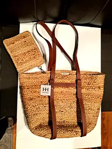 Haute Hippie Large Straw Tote Bag with Attached Pouch - Faux Leather Straps - Picture 1 of 5