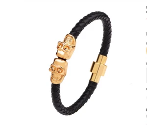 Twin Skull Black or Gold 6mm braided leather & stainless steel bracelet 21cm - Picture 1 of 4