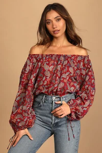 Free People Sundown Peasant Off Shoulder Bodysuit Top L Red Floral Cotton - Picture 1 of 10