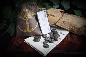 13 Witches Runes Granite Bag Witch Wicca Pagan Divination Goddess Tree of life - Picture 1 of 4
