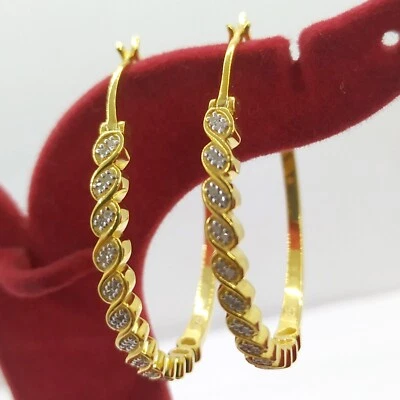 1/10CT Natural Diamond Big Hoop Huggies Earrings 14K Yellow Gold Plated Silver - Image 1 of 4