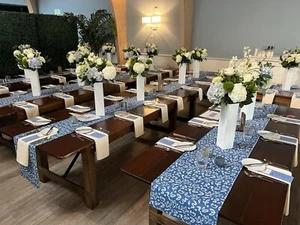 SET of 12 WEDDING SHOWER FLORAL BLUE & WHITE CUSTOM FABRIC TABLE RUNNER 8-9 Ft - Picture 1 of 9
