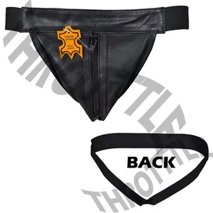 Men’s Black Leather G-String Thong with Zipper Pouch Handmade Soft Comfort - Picture 1 of 6