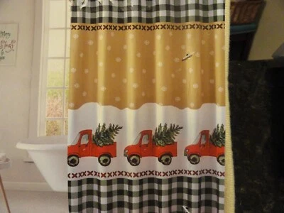 14 piezas Rojo Vintage Camiones NAVIDAD ~ ÁRBOLES Búfalo Cuadros TELA CORTINA DE DUCHA alfombra Foto 1 de 4