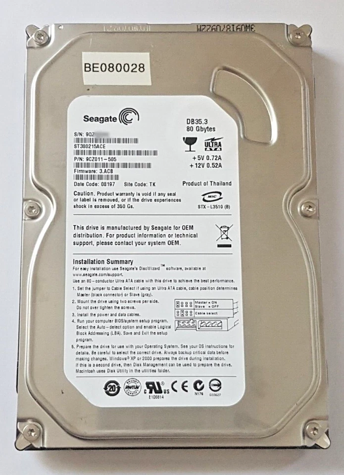 80 GB Ide Seagate DB35.3 ST380215ACE Pata 7200rpm 2MB HDD 3.5 " Internal Hard - Image 1 of 1