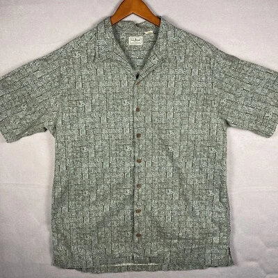 VTG LL Bean Camp Shirt Men’s L/T Green Mayan AOP Loop Collar Outdoor - Image 1 of 4