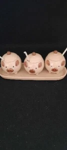 Vintage Lefton Set Of 3 Pig Jam Jars With Tray - Picture 1 of 6