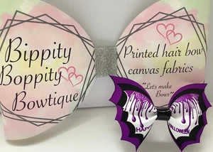 HAPPY HALLOWEEN PURPLE BAT PRINTED CANVAS FABRIC BOW TEMPLATES FOR HAIR BOWS - Picture 1 of 4