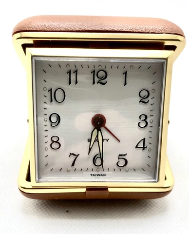 Vintage Equity Folding Travel Working Alarm Clock w/ Brown Case Working Cover